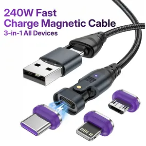 16PIN 240W Magnetic USB C Cable 70.87Inch, 180° Rotation Fast Charging Cord, 3-in-1 Magnet Charger/Data Transfer Cable for Phones, Laptops & Tablets - YY