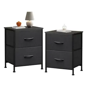 Black Nightstand Set of 2, Night Stand with 2 Fabric Drawers, Small Dresser for Bedroom, Bedside Tables for Small Spaces, Dorm, Wood Top
