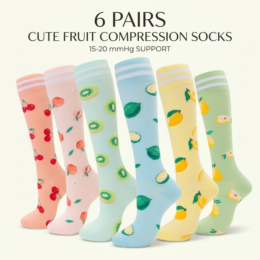 6 Pairs Cute Fruit Compression Socks (15-20 mmHg) for Women & Men | Knee High Support Socks | Relieve Leg Fatigue, Swelling & Improve Circulation | Great for Nurses, Flights, Pregnancy & Workactive  socks Compression Sports Socks Compression Athletic Sock
