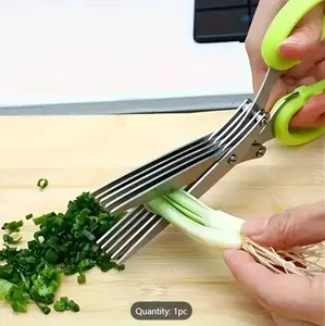 Herb Scissors, Multipurpose 5 Blade Kitchen Herb Shears Herb Cutter with Safety Cover and Cleaning Comb for Chopping Basil Chive Parsley (Green)