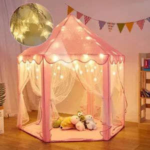 Princess Castle Play Tent with Pink Star Lights, 55x53 Portable Durable Fairy Tale Playhouse Outdoor Play Area