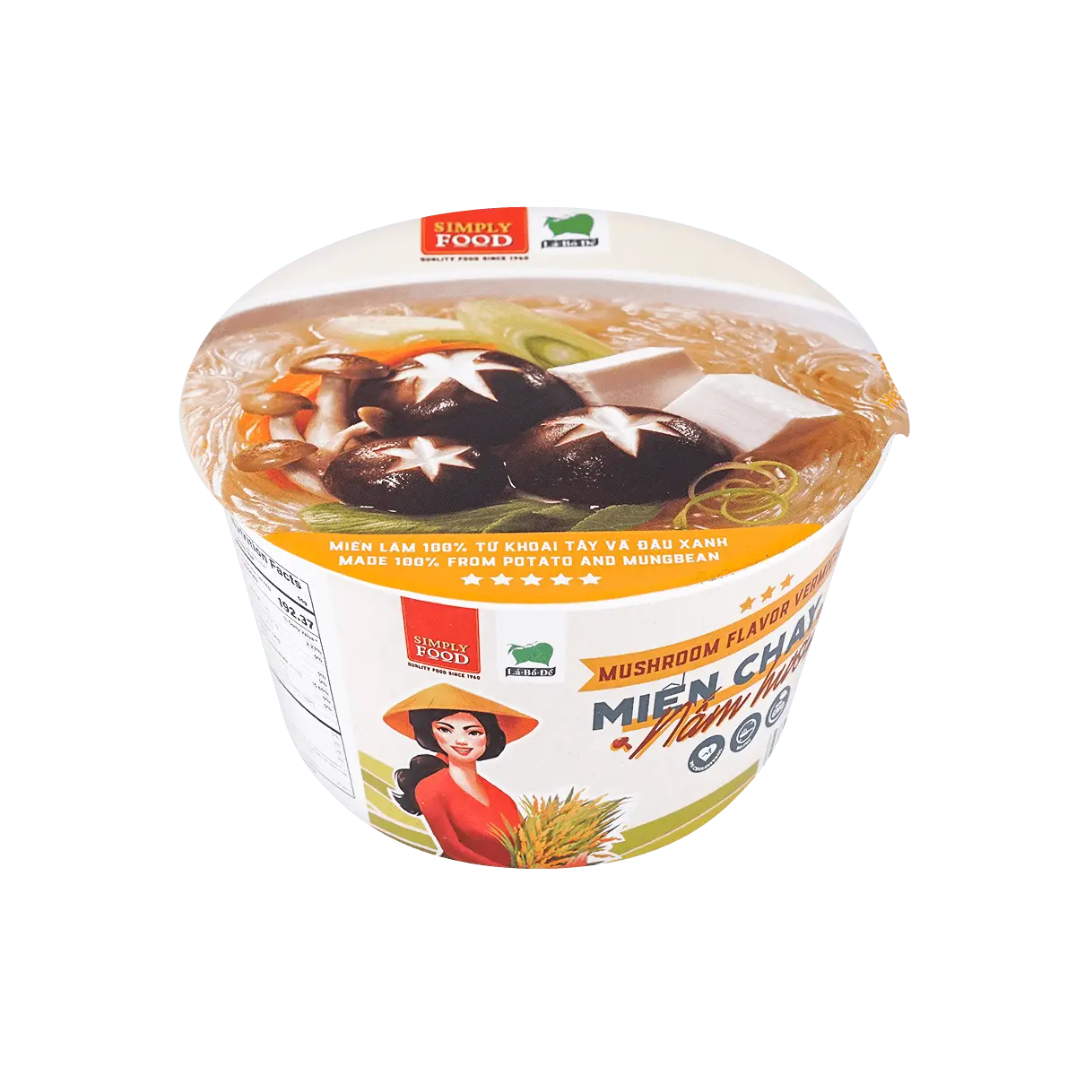 SIMPLY FOOD Vietnamese Mushroom Flavor Instant Noodle Soup Bowl - 55g, Quick & Easy Meal