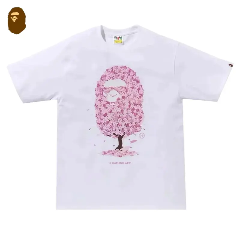 BAPE Sakura Tee SS24 100% Cotton Cherry Blossom Ape Head Graphic T-Shirt Japanese Streetwear Short Sleeve Crew Neck Unisex Casual Top Black White