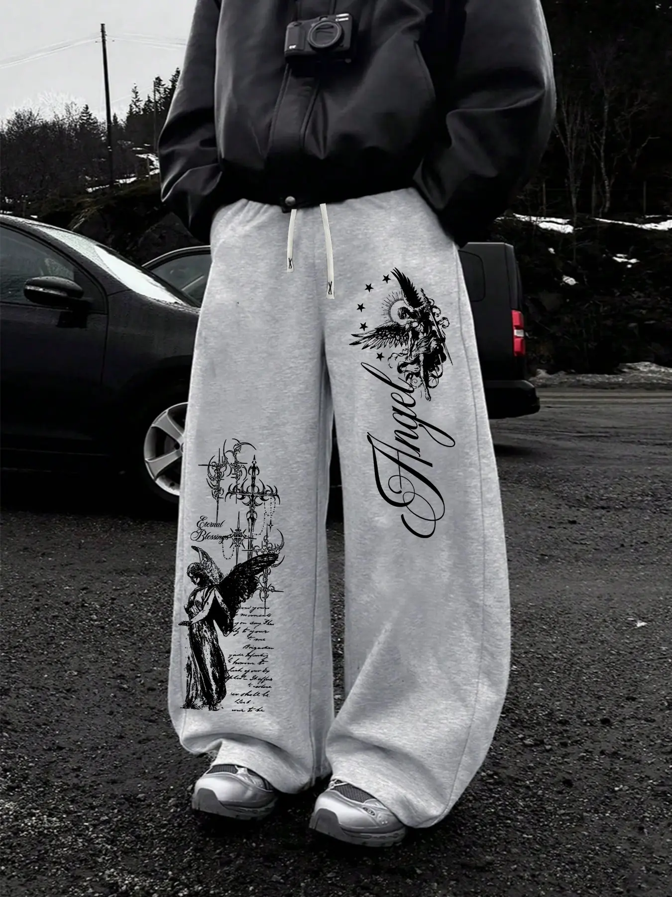 Dark Punk Angel Sword Printed Wide Leg Pants, High Street Drawstring Loose Straight Leg Sweatpants, Casual Lounge Pants for Men and Women, Unisex Spring & Fall Casual Fitted, Casual Streetwear Trousers, Autumn Casual Pants