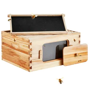 Langstroth Bee Hive Deep Box Starter Kit, 100% Beeswax-Coated Natural Cedar Wood, 10 Frames with Foundations, Transparent Acrylic Bee Windows for Beginners