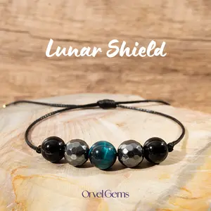 Lunar Shield | Moon Phase | Lunar Glow | New Moon Crystal Bracelet – Celestial Jewelry with Natural Healing Stones | Moonstone, Labradorite, Peach Moonstone, Blue Tigers Eye, Hematite, Black Tourmaline, Howlite & Quartz, 8mm Beads | Adjustable Fit