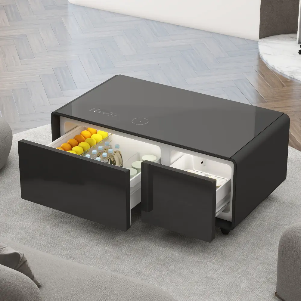 Modern Smart Coffee Table - Indoor Furniture with Built-in Fridge, Bluetooth Speaker, Wireless Charging, Touch Control Panel, USB Interface, Outlet Protection, Atmosphere Light, Drawer, Partitioned Storage, Removable Door Seal for New Family Lifestyle