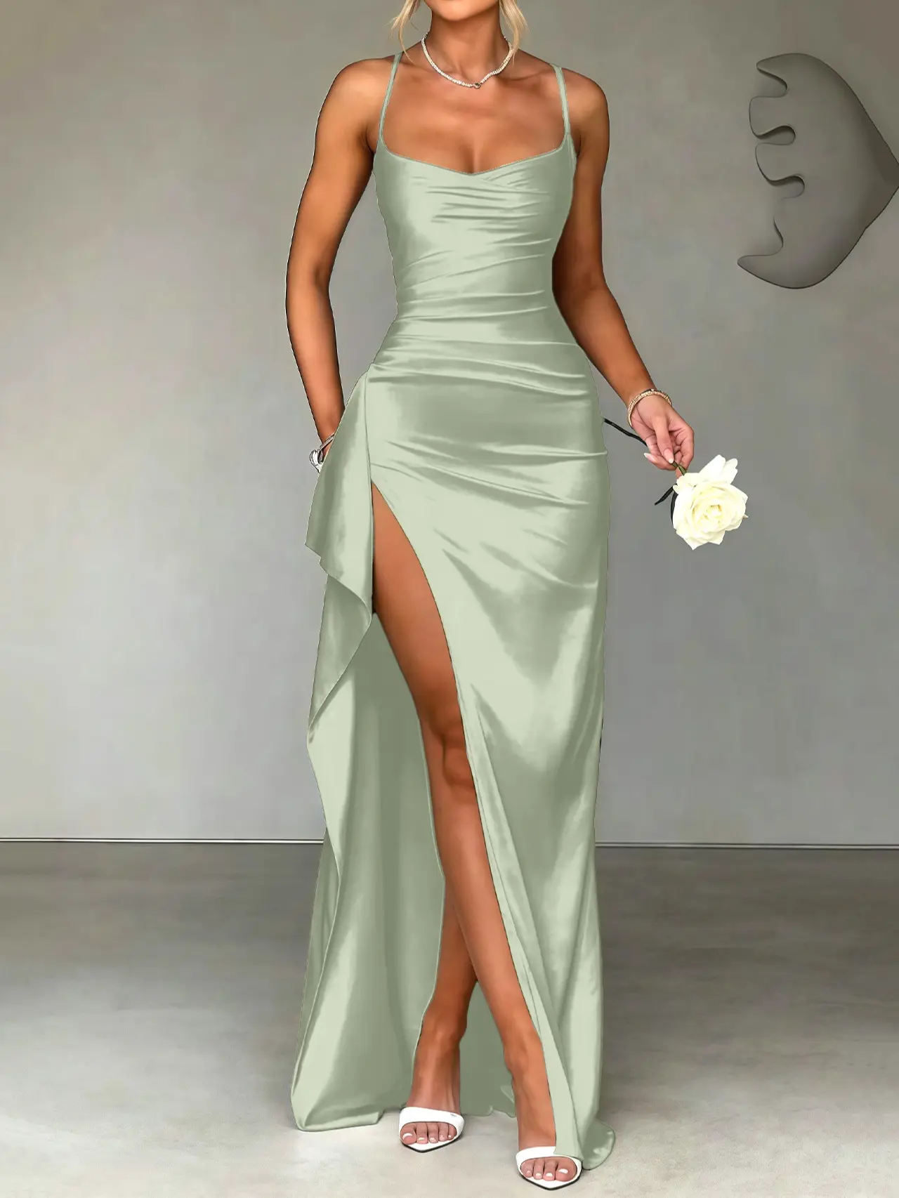 Women's French-Inspired Elegant Strappy Formal Wear Matcha Green Satin Evening Gown - Soft Fabric, Silky Feel, Understated Luxury, Ruching-Cinched Waist, High Slit, Long Length - Ideal for Banquets, Dinners, Ruffles