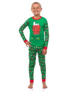 Peanuts Pajamas Boy's Snoopy Wake Me When It's Christmas Tight Fit Long Sleeve Shirt and Pant Set
