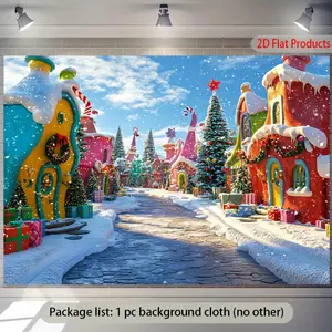 1pc 2D Flat Whoville Christmas Town Banner Backdrop - UV Printed Winter Wonderland Scene with Candy Cane Houses, Snowy Streets, Festive Decorations, Ideal for Holiday Parties, Home Decor