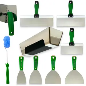S.S. Drywall Taping Tool Set with Adjustable and reversible S.S. Angle Tool, Removable and Replaceable Corner Mud Roller and Professional Grade S.S. Mud Pan with Grip