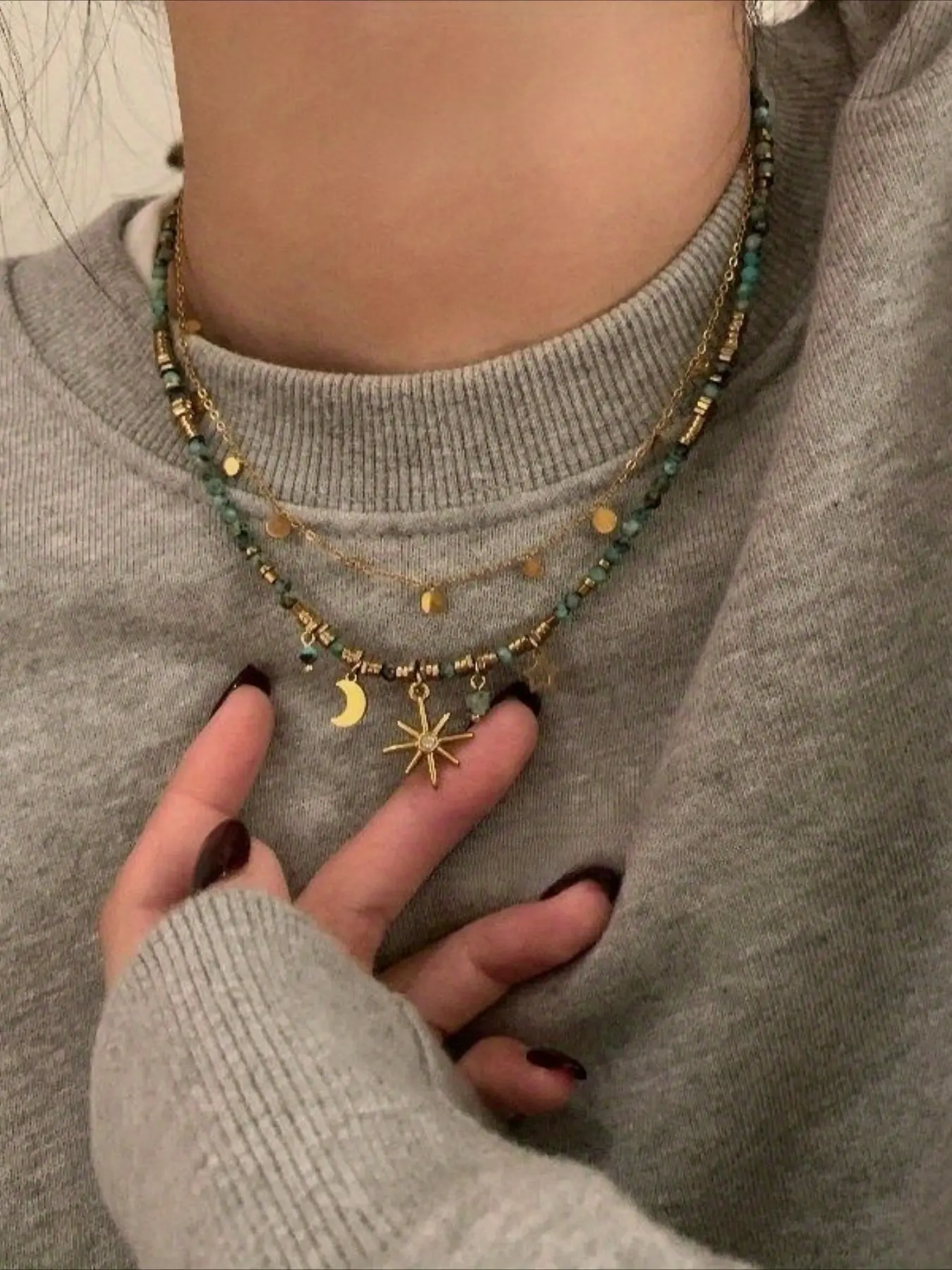 Boho Star Moon Layered Necklace Set for Women, Dainty Golden Beaded Chain Choker, Dainty Layering Jewelry, Vintage Celestial Pendant Jewelry Gift, Dainty Necklaces, Boho Style Necklace, All Seasons Accessory