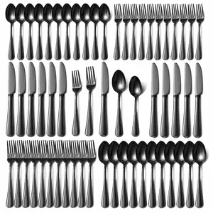 60-Piece Black Stainless Steel Cutlery Set with Forks, Knives, Spoons, Durable Kitchenware Tableware for Home Kitchen, Outdoor Use, Tableware Set