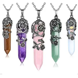 Buy 1 Get 1 for Free MLDcrystal  Antique Silver Flower Wrapped Natural Rose Quartz Healing Crystal Necklace
