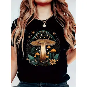 Women's Vibrant Cartoon Mushroom & Fern Print T-Shirt - Soft, Breathable Polyester Blend Top - Relaxed Fit, Machine Washable, Long-Lasting for Casual Summer Wear