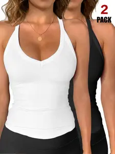 Y2K Ribbed Halter Neck Tank Top, Sexy Deep V Backless Crop Top, Sleeveless Fitted Workout Sporty Style, Solid Color for Layering Summer