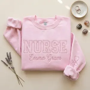 [MADE IN US] Personalized Embroidered Nurse Sweatshirt, Stethoscope Heart Pullover (Tone On Tone)