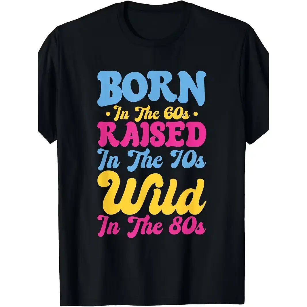 Women's Vintage Graphic Tee - "Born in the 60s 70s 80s" Retro Print, Casual Cotton Fabric Tshirt, Short-Sleeve, Breathable, Soft, Loose, Everyday Daywear for Layering