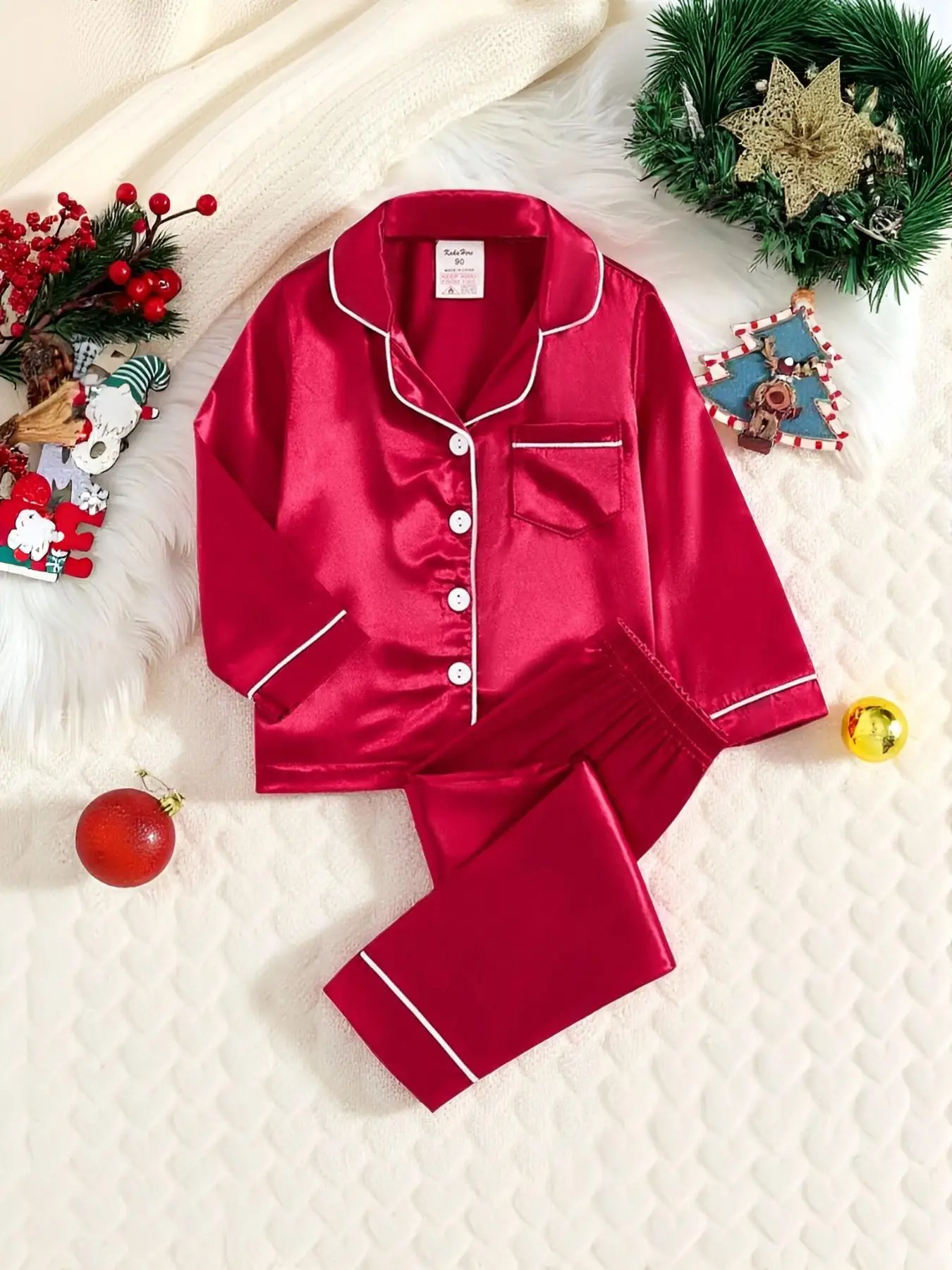 Kids' Satin Pajamas - Navy Blue Long-Sleeve & Long-Pant Set for Boys & Girls 1-8 Years Soft Polyester Loungewear