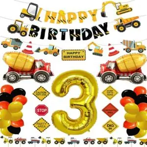 Construction 3rd birthday party supplies 3 year old boy birthday dump truck party decorations kits set for boys three years old birthday with cake toppers balloons banners signs number 3 set