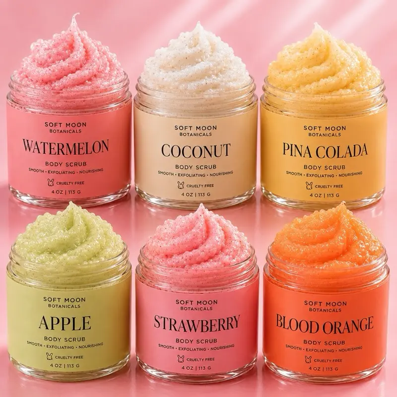 Sugar Body Scrub for Dry Skin | Exfoliating Body Polish | Watermelon, Coconut, Piña Colada, Apple, Strawberry & Blood Orange | Leaves Skin Soft, Smooth & Glowing | cleansing, moisturizer, nourishing cruelty free Soft Moon Botanicals