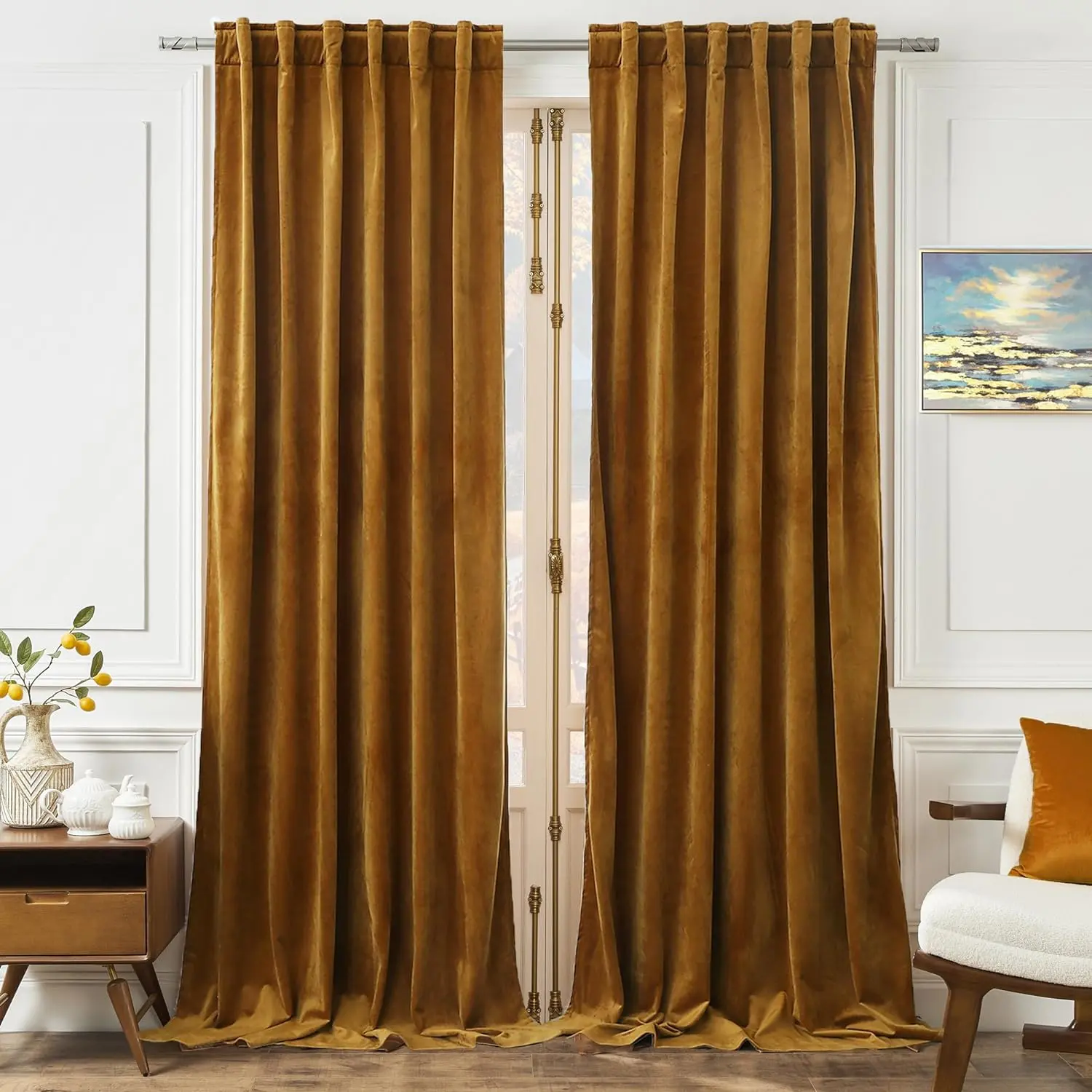 Timeper Velvet Curtains 84 inches - Retro Heavy Gold Blackout Velvet Curtains Drapes with Rod Pocket Back Tab Design Light Blocking Home Decoration for Living Room, Gold Brown, 52Wx 84L, 2 Panels