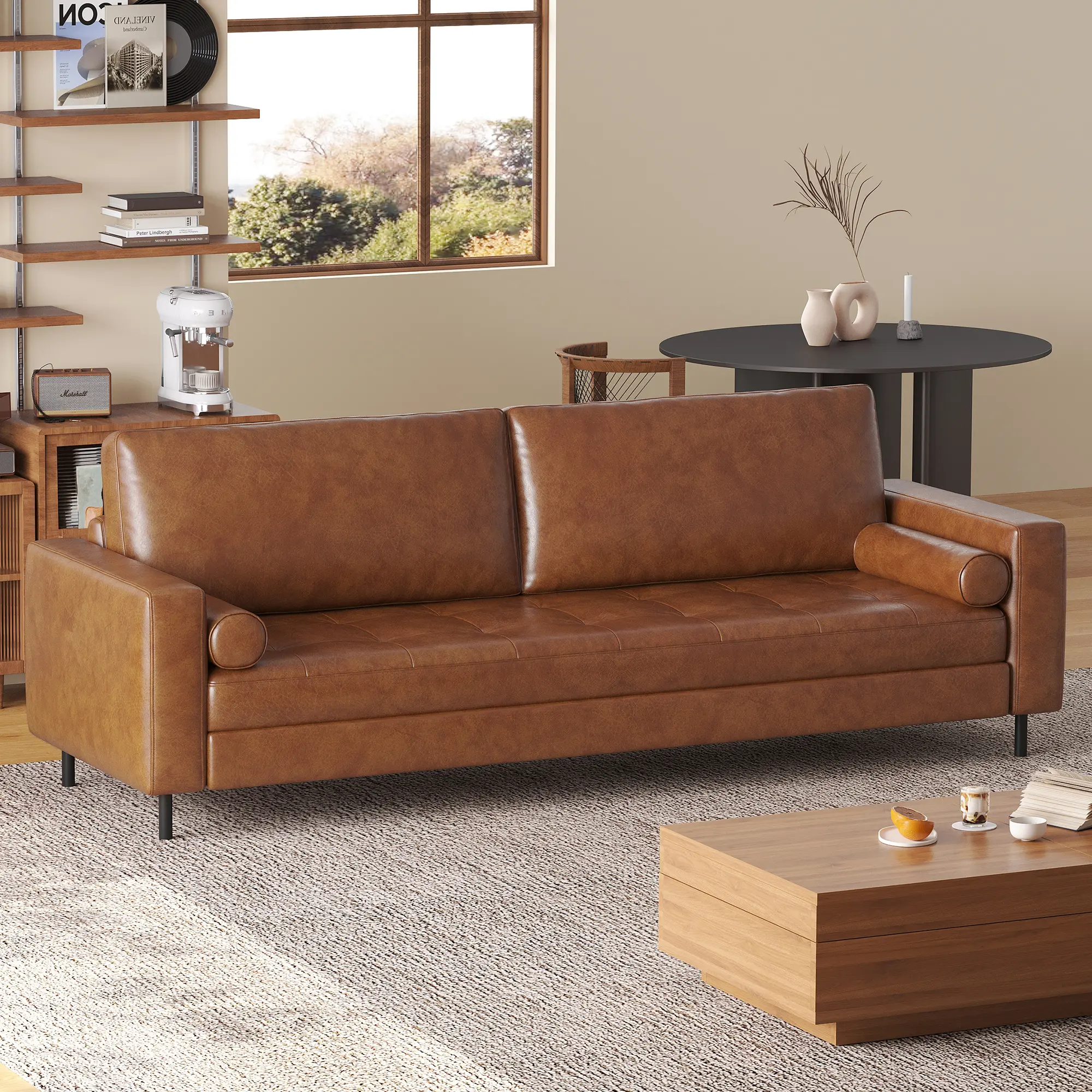 Mid-Century Modern 80.31" Wide Leather Couch with Round Cylinder Arms, Brown Leather Sofa for Living Room & Bedroom, Cozy Lounge Furniture for Small Spaces