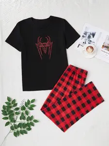 Men's Two-Piece Home Set, Spring & Fall Winter Sleepwear, Round Neck Casual Comfortable Long Sleeve Pants, Plaid Print, Loungewear