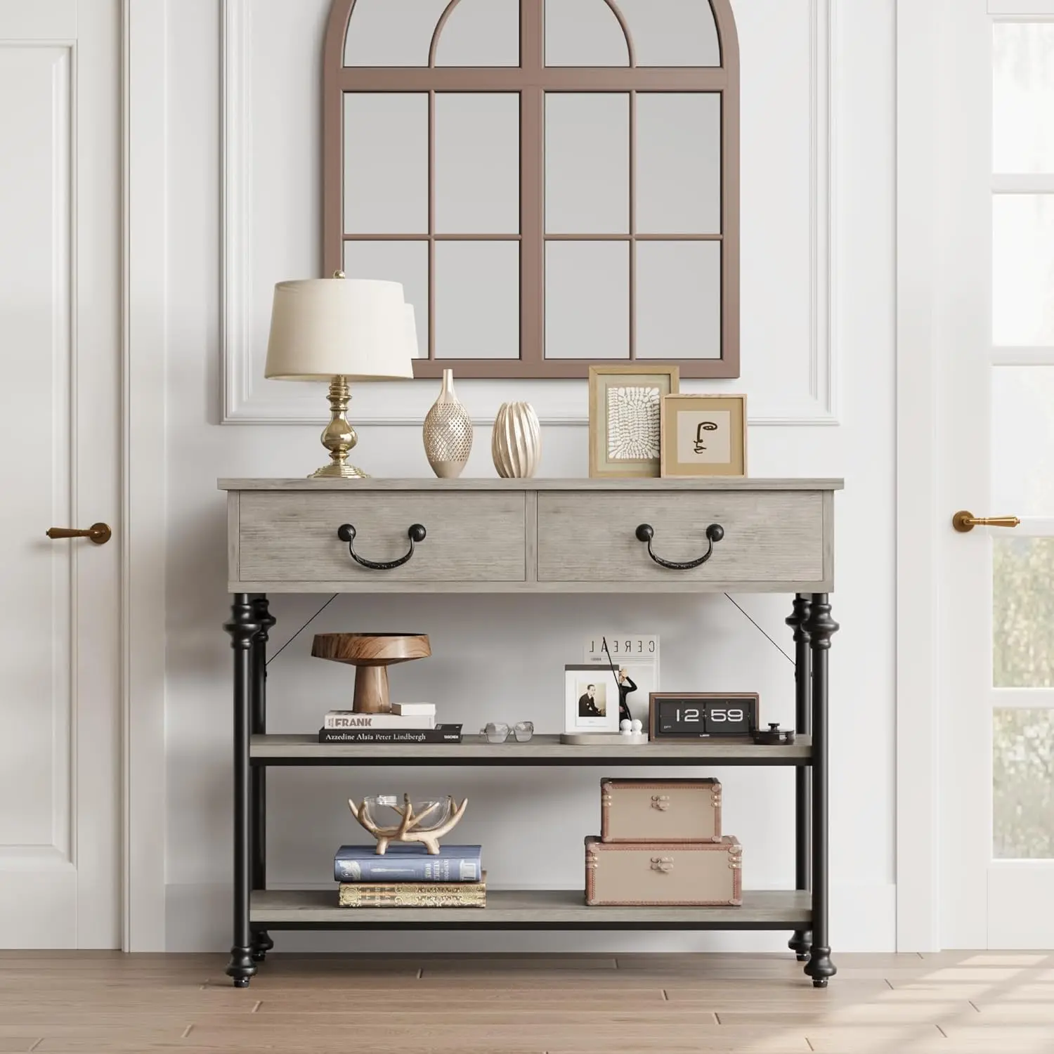 【Christmas Gift】Console Tables for Entryway Small Entryway Table with Two Drawers Narrow Console Table with Storage Shelves Gray