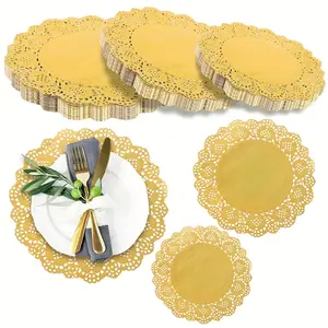 100pcs Cake blotting paper Golden Round Paper Lace Doilies Paper Placemats Doily, Decorative, Moisture Absorption & Disposable For Dessert Fried Food, Wedding Party Tableware Decoration, Cake Packaging