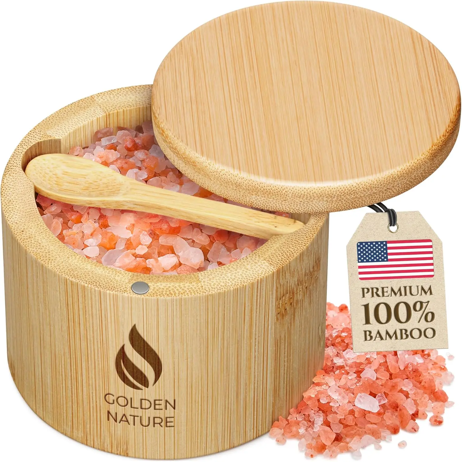 Round Kitchen Seasoning Canister with Lid and Spoon - Renewable Bamboo Cellar, Magnetic Swivel Lid, Built-In Spoon Slot, Sturdy Utensil Holder, Smooth Seal for Fresh Stays Sealed Storage - Countertop Jar Great for Salt, Pepper, Sugar, Herbs, Oil