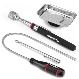 4-Piece Telescoping Magnetic Pickup Tools Set: 31in Portable Magnetic Pickup Stick, 25in Pen-Style Magnetic Pickup Tool with Pocket Clip, 20in Flexible Bendable Spring Magnet Stick, Magnet Parts Tray
