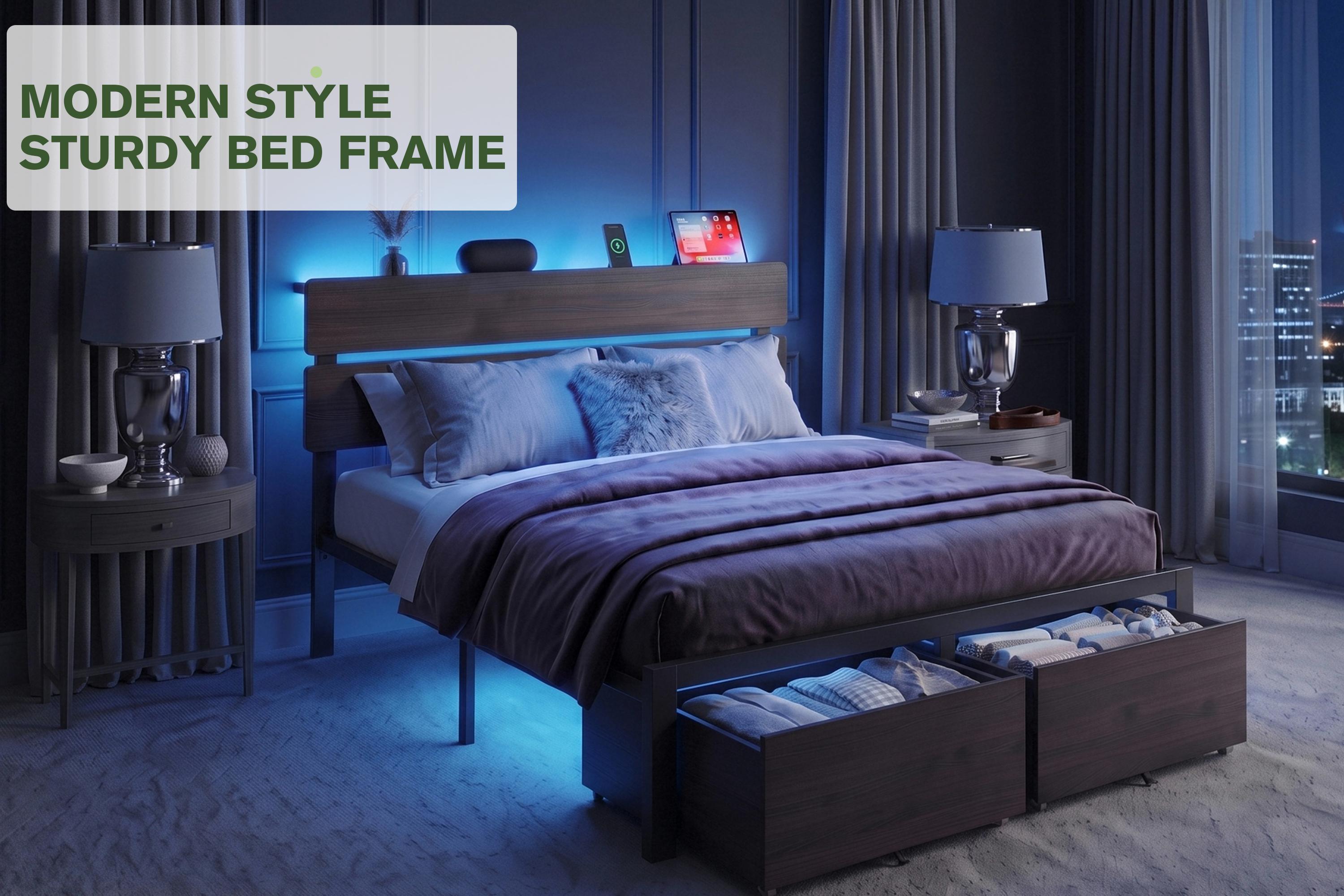 MUTICOR LED Bed Frame with 2 Fabric Storage Drawers, Charging Station & MDF Storage Headboard, Steel Slat Platform Bed with Underbed Storage, No Box Spring Needed