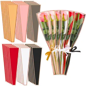 50pcs Transparent Rose Sleeves, Rose Wraps, Waterproof Gold Edge Flower Basket Bags, Ideal for Valentine's Day Gifts, Wedding, Floral Arrangement Supplies, Gift Wrapping Supplies