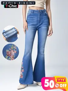 High Elasticity Rose Embroidered Denim Jeans Bell Bottoms, Casual Style, All Seasons Wear, Women's Fashion Pants, Comfortable Fit