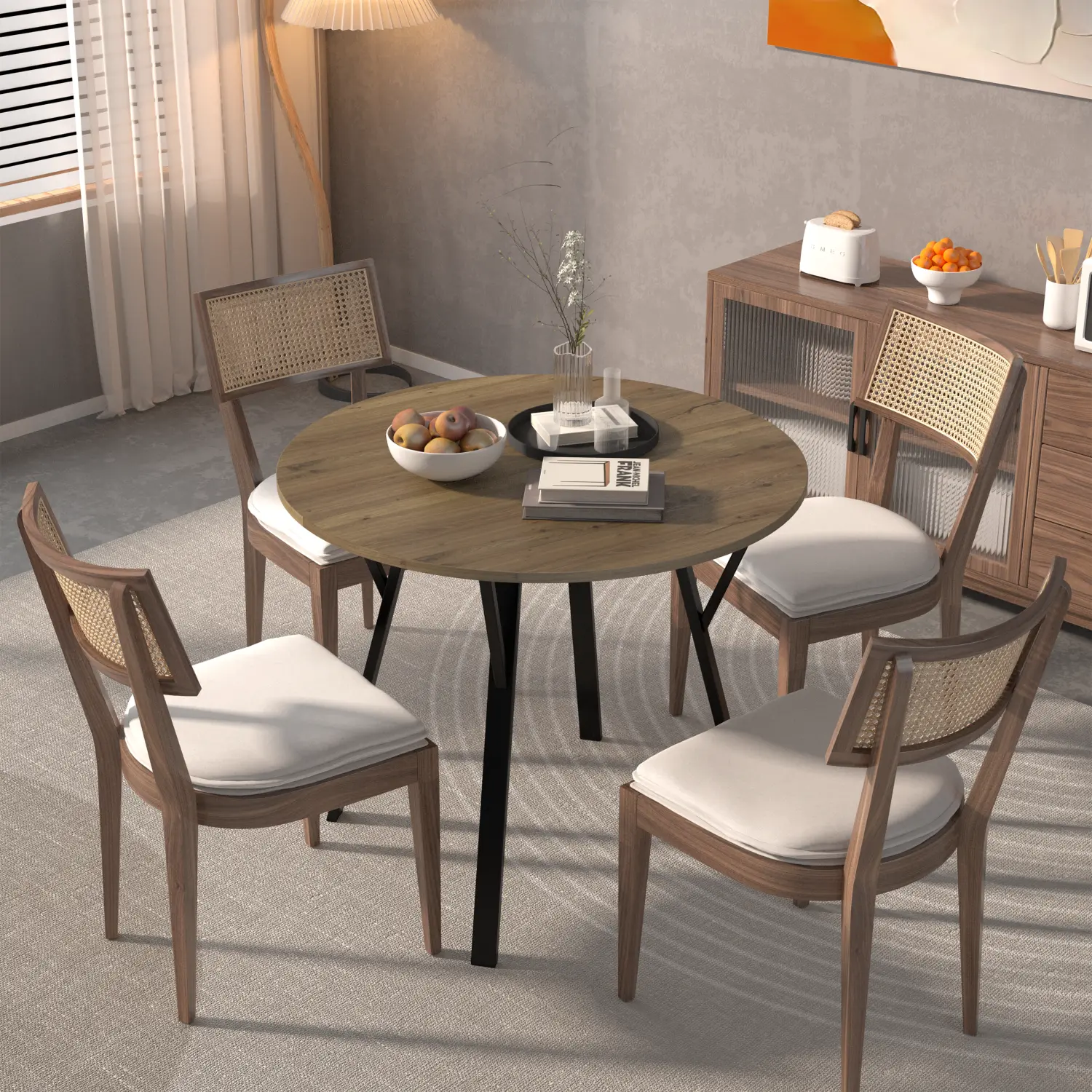 35.43 Inch Round Dining Table for 2-4 Modern Small Kitchen Table with Black Metal Legs Stylish Brown Circular Dining Room Furniture(only table) room living room