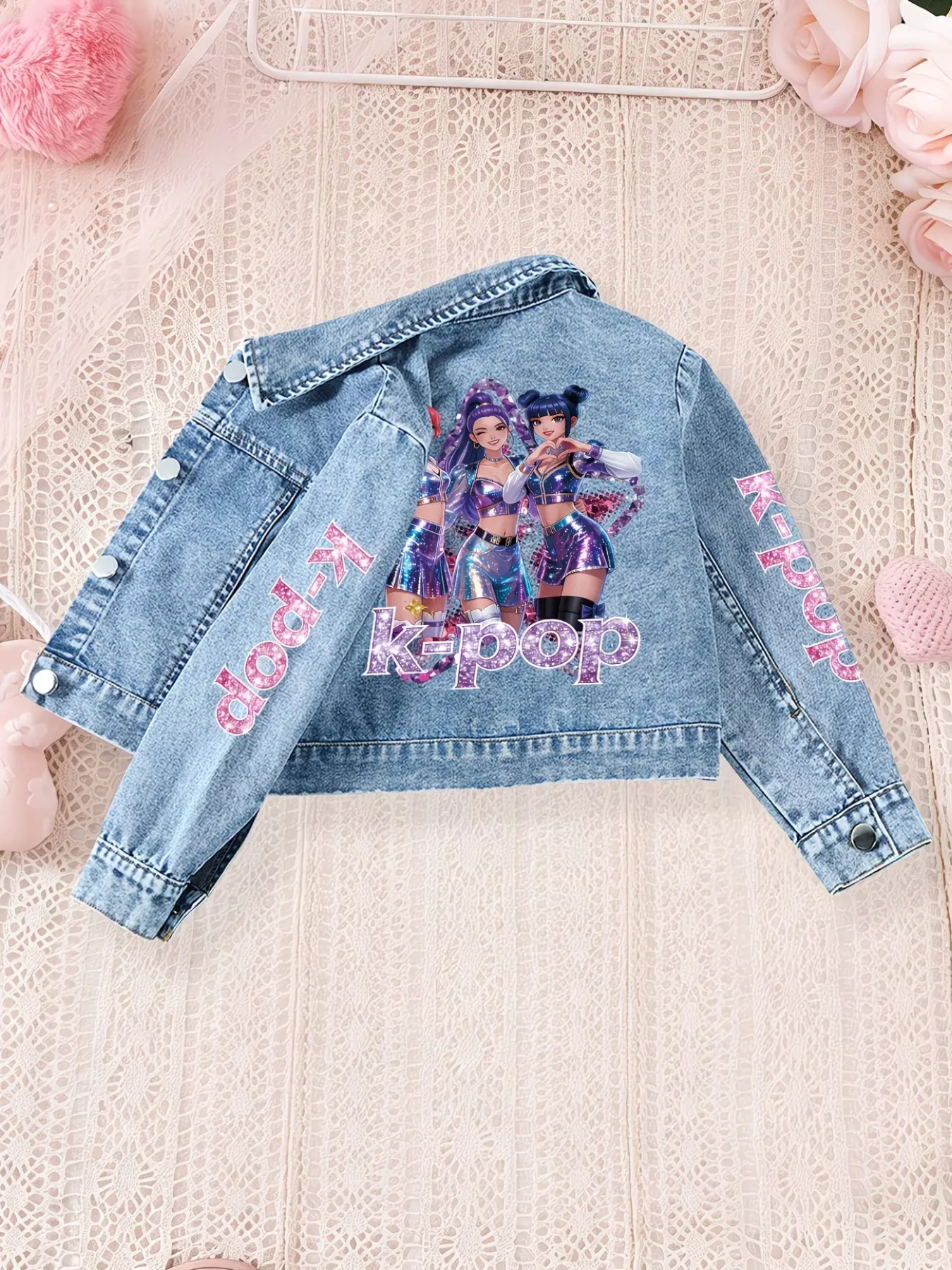 K-Pop Denim Jacket for Girls, Cute Cartoon Anime Design, Back Idol Print, Spring & Fall Casual Wear, Perfect for School & Play