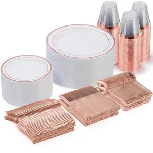 Goodluck 300PCS Rose Gold Disposable Plates Set for 50 Guests Includes Dinner Salad Spoons Forks Knives & Cups BPA Free Sturdy Durable for Weddings Parties Baby Showers