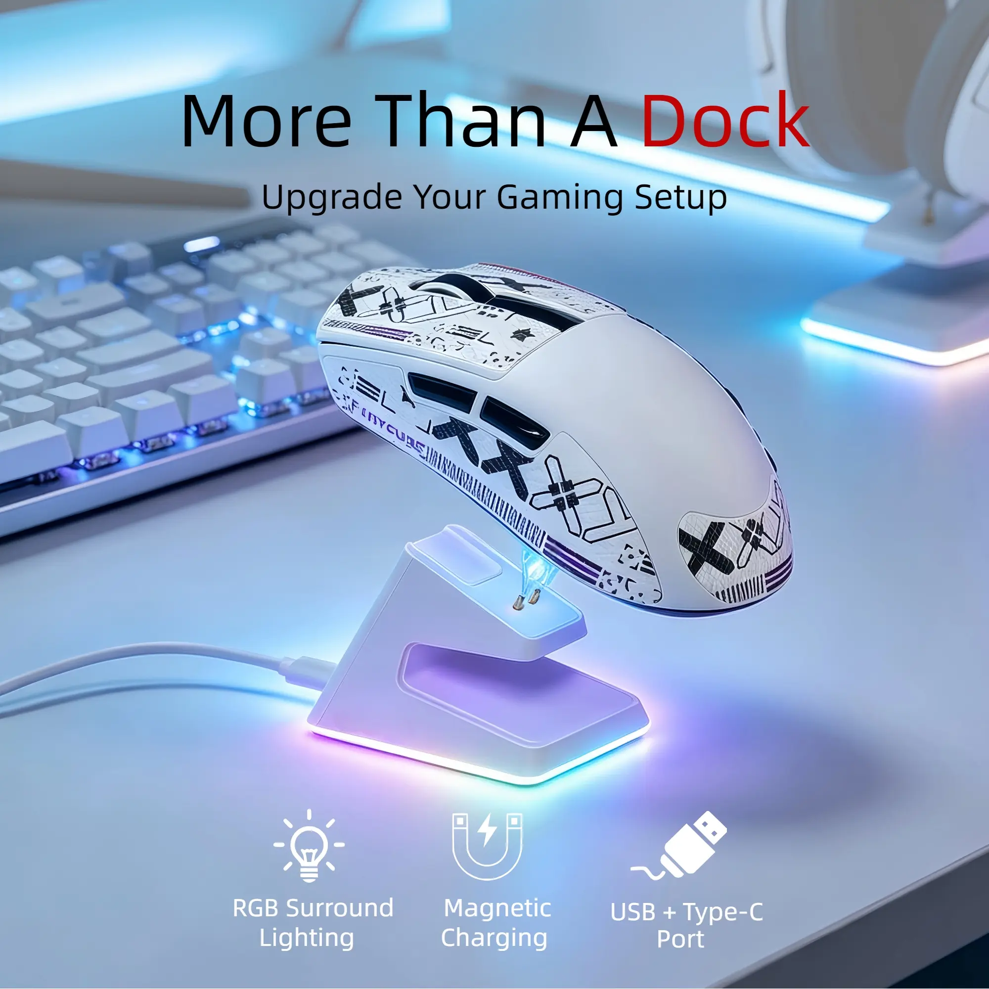 FURYCUBE G9 White Wireless Gaming Mouse with Smart Display & RGB Magnetic Charging Dock, 59g Ultra Lightweight Tri-Mode Bluetooth/2.4G/USB-C, PAW3311 Sensor, Rechargeable FPS Mouse for PC, Laptop, White Gaming Setup