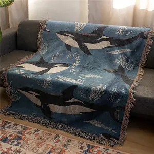 Whale Pattern Bohemian Yarn Jacquard Woven Blanket with Tassel, Throw Blanket, Thick Soft Washable Blanket, Used for Home Decor Sofa Chair Bed Tapestry Tablecloth Floor Garden Picnic Outdoor Camping