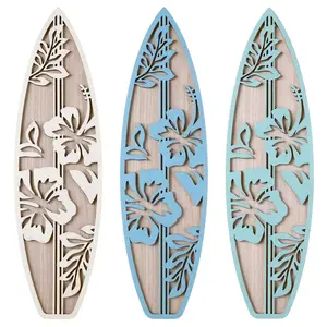 3-Piece Surfboard Decor Set, Wooden Beach Wall Art for Bedroom, Summer Hanging Sign, Tropical Living Room Decoration, Aesthetic Wall Decor, floral wall decor, Hibiscus Blue