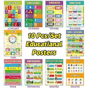 Waterproof A3 Early Childhood Educational Posters 10 Sheets Alphabet Shape Month Opposite Learning Wall Decals for Toddlers Home Classroom Decor