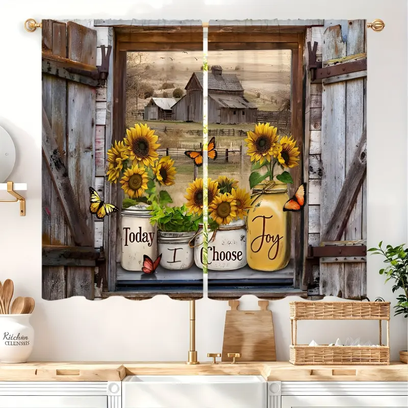 Vintage Floral 2-Panel Semi-Sheer Brown Curtains - Boho Floral, Sunflower & Wood Prints, Allergy-Safe, Beautiful Patterns, Rustic Easy-Install Drapes for Kitchen, Barn Door, Vintage Floral Curtains, Boho Floral Curtains