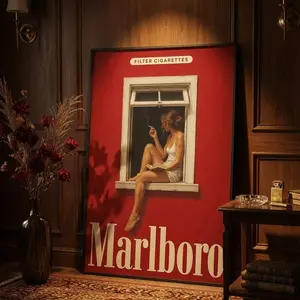 Vintage Marlboro Style Poster Red Wall Art Minimalist Retro Cigarette Ad Print Mid Century Modern Mancave Decor