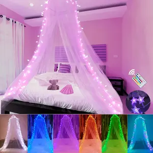 Bed Canopy with LED Star Lights, Princess Canopy Bed Curtain with 18 Colors Changing String Lights Remote Timer for Girls Bedroom, Pink Red Blue White Dome Canopy for  to  Size Bed