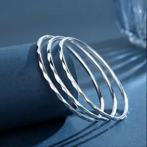 Silver Plated Cubic Bangle Bracelets for Women - Set of 3 Adjustable Solid Cuff Bracelets, Mothers Day Valentine Gifts for Mom Wife