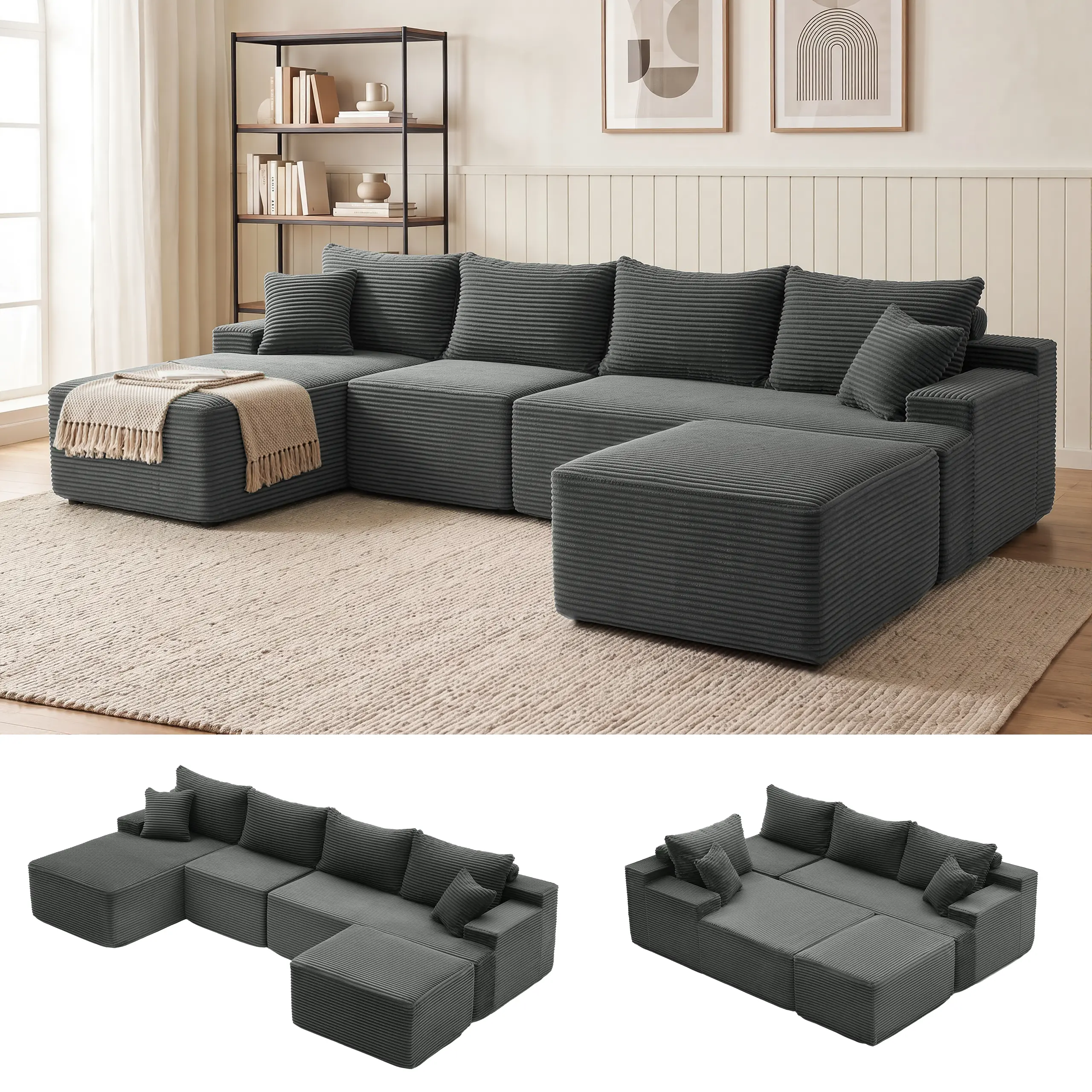 【2 packages shipping】Cloud Sectional Couch, Boneless Sofa for Living Room, Modular Sectional Sofa with Deep Seat, Fluffy Comfy Couch with L-Shaped Chaise, No Assembly Required