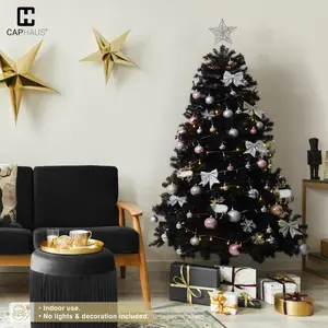 CAPHAUS Premium Full Artificial Black Christmas Tree w/ 398/1000 Branch Tips & Foldable Stand, Pre-Hinged, Fake Black Xmas Tree for Indoor, Office, Party, Holiday Decoration, Black Tree