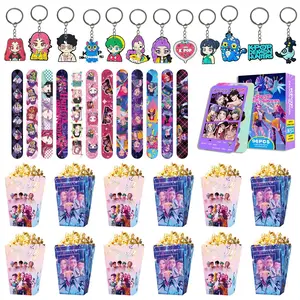 Korean Cartoon Girl Group Birthday Party Set, 4-Piece Set, 12 Bracelets, 12 Keychains, 12 Popcorn Boxes, 96 Game Cards, Best Choice for Parties
