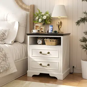 Farmhouse Style Nightstand with Charging Station, Bedside Table with 2 Storage Drawers and Vintage Handle，End Table with Open Shelf